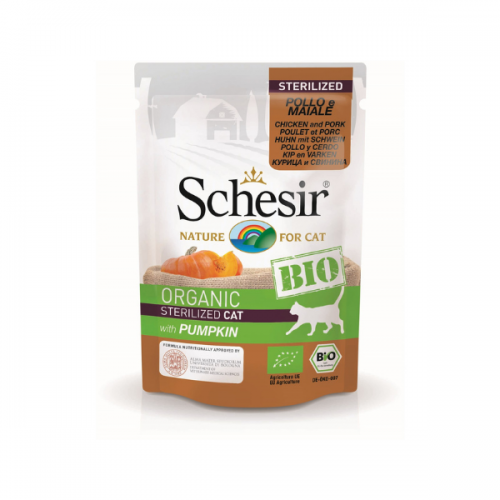 Schesir Bio For Sterilized Cat, Pui, Porc şi Dovleac, plic 85 g petmart.ro