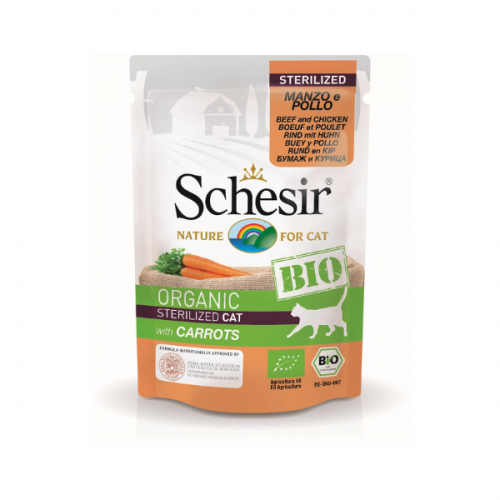Schesir Bio For Sterilized Cat, Vita, Pui si Morcovi, plic 85 g petmart.ro
