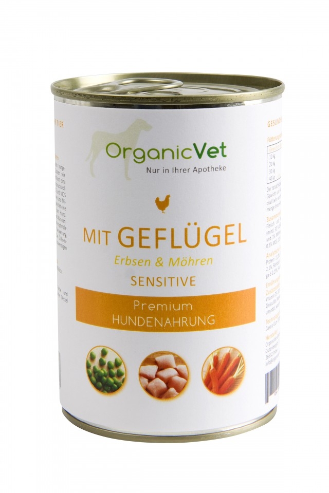 Organicvet sensitive, pasari de curte, mazare si morcov, 400 g