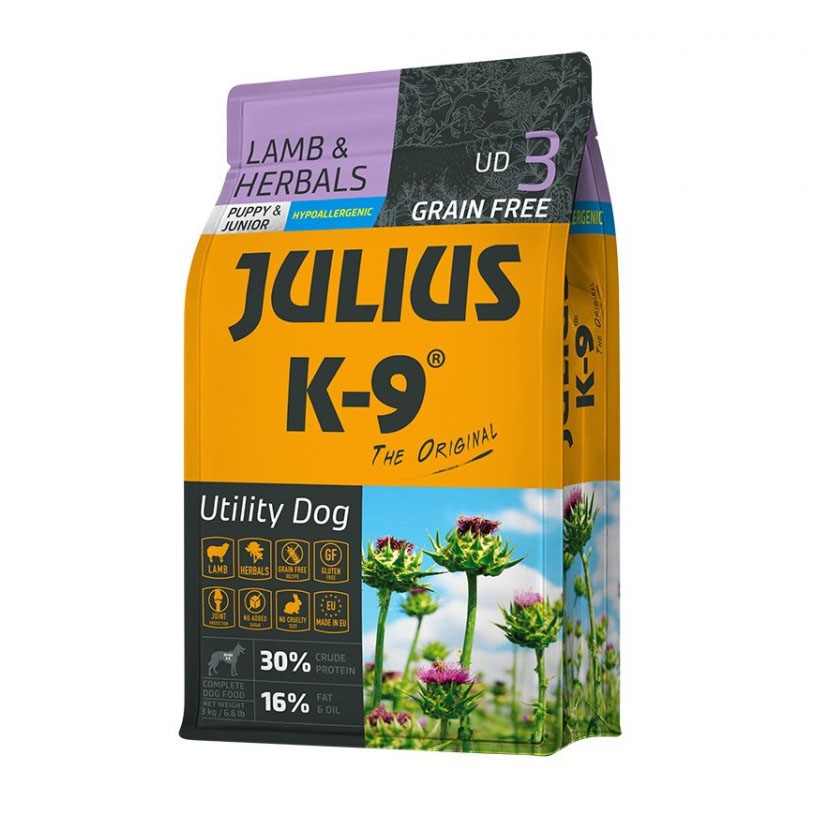 Julius K9 Puppy & Junior, hrana completa hipoalergenica, miel & ierburi, 3 kg PAMAX