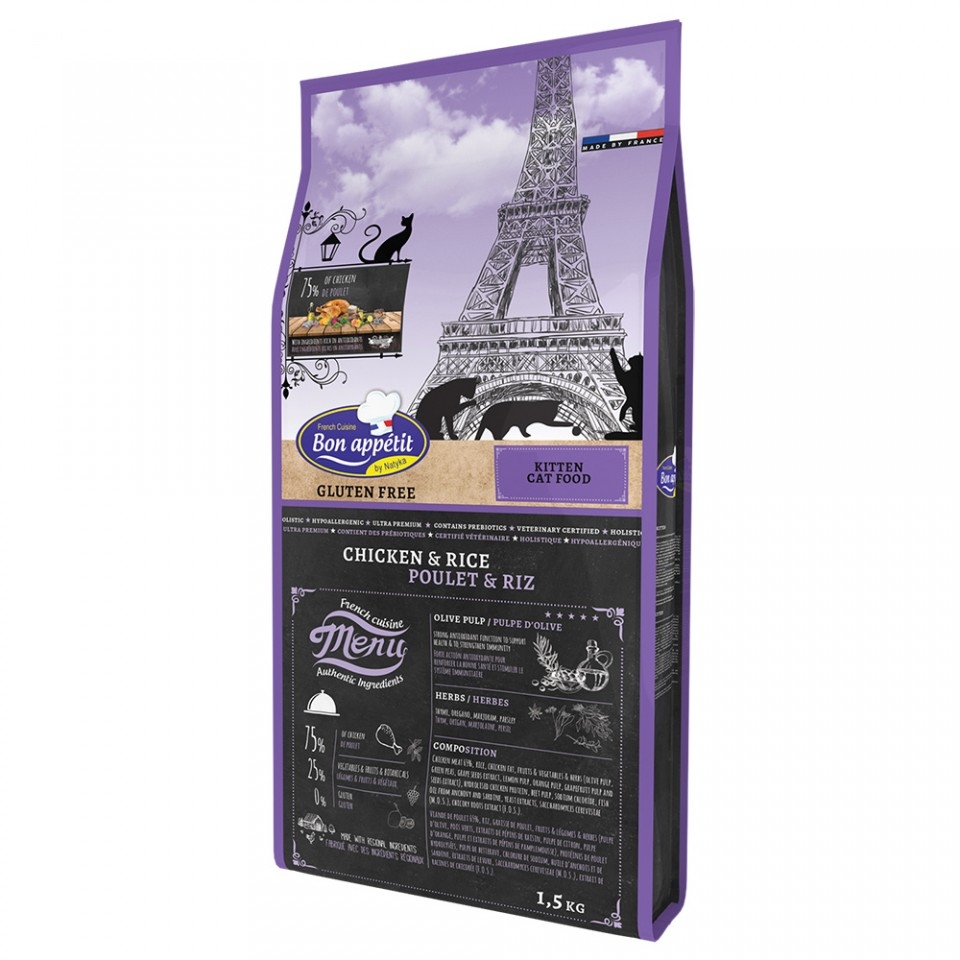 Bon appetit kitten, hrana hipoalergenica fara gluten pisici, somon, pui si orez, 1.5 kg