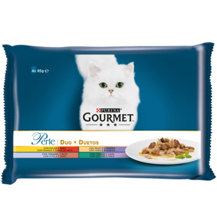 Gourmet Perle Multipack, Pui, Curcan & Miel, Vitel & Rata, Iepure & Vanat, 4 x 85 g