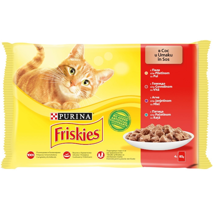 Friskies Adult Cat, Multipack Pui, Vita, Miel, Rata, 4 x 100 g Friskies