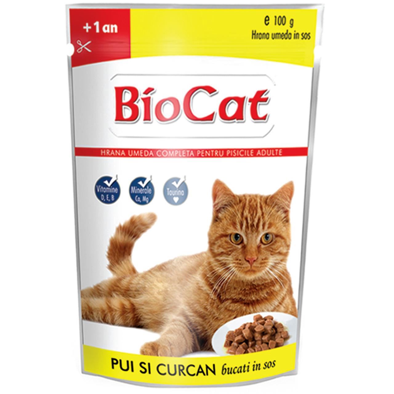 Hrana Umeda Pentru Pisici Biocat Plic Pui & Curcan In Sos 100 Gr (24/ Bax) BIOCAT