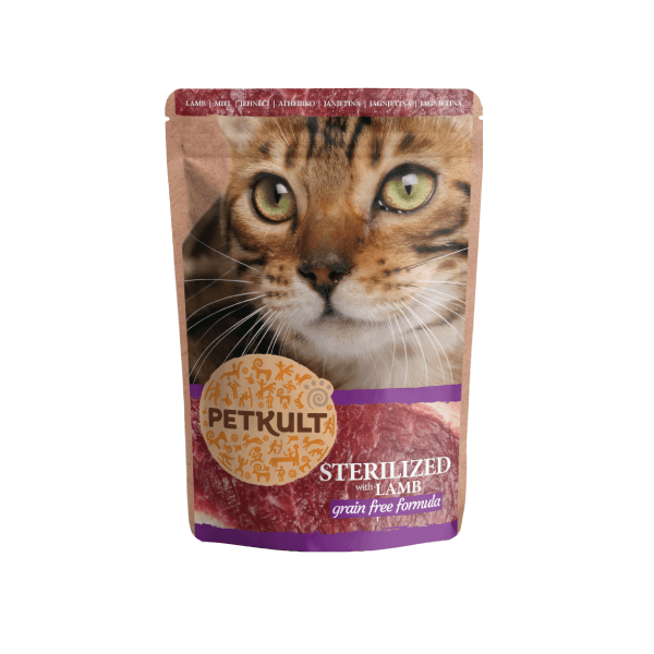 Hrana umeda pisici petkult sterilizat cu miel, 100 g