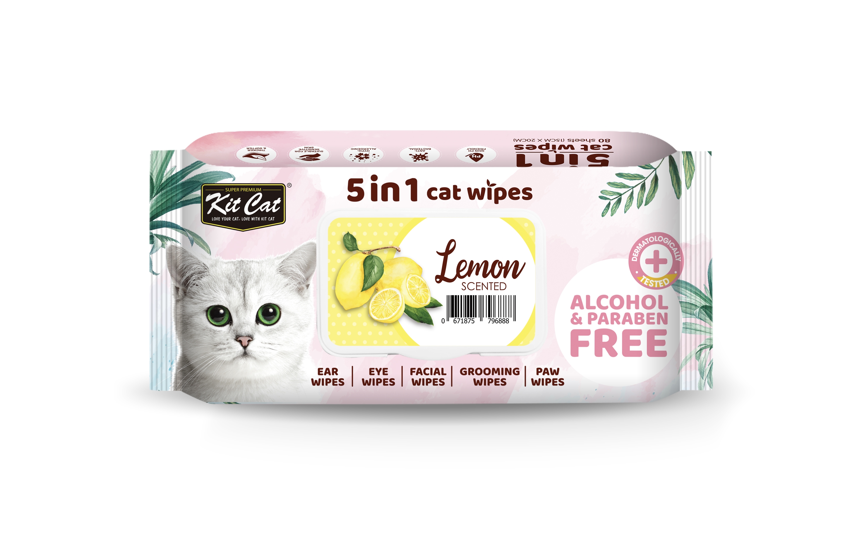 Servetele umede pentru pisici, Kit Cat 5in1 Lemon, 80 buc Kit Kat