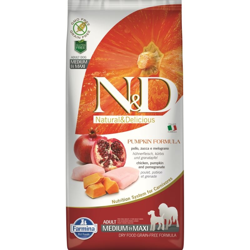 N&d dog grain free pumpkin chicken and pomegranate adult medium maxi, 12 kg