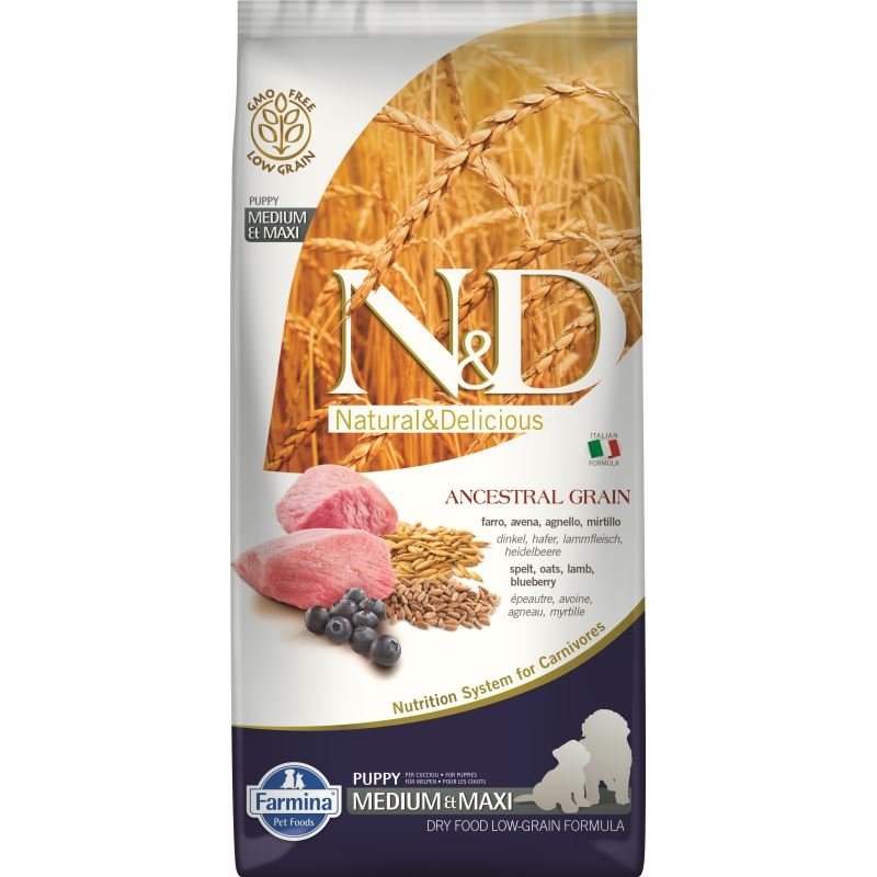 N&D Low Grain Dog Lamb and Blueberry Puppy Medium and Maxi, 12 kg