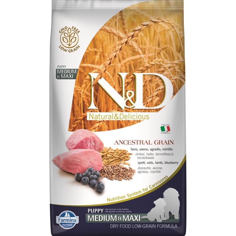 N&d low grain dog lamb and blueberry puppy medium and maxi, 2.5 kg