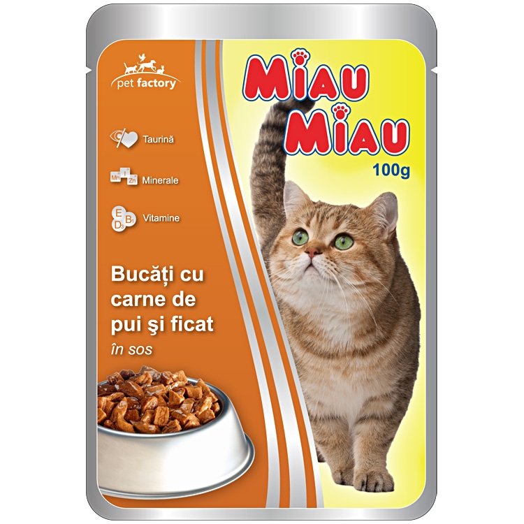 Mancare umeda pisici, Miau Miau, Pui si Ficat, 100 g Desire imagine 2022
