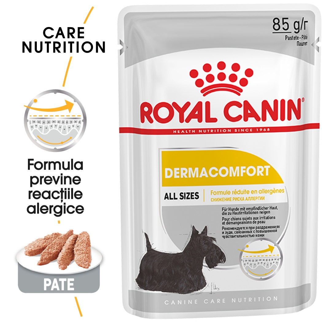 Royal Canin Dermacomfort Adult hrana umeda caine, prevenirea iritatiilor pielii (pate), 85 g petmart.ro
