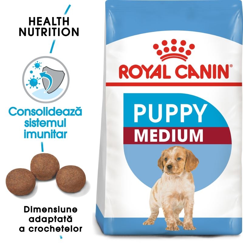 PROMO Royal Canin Medium Puppy 15 kg + 6 plicuri SHN Wet Medium Puppy 140g