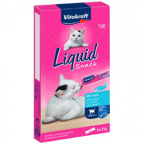 Snack lichid pentru pisici, Vitakraft cu Somon si Omega 3, 6 x 15 g petmart