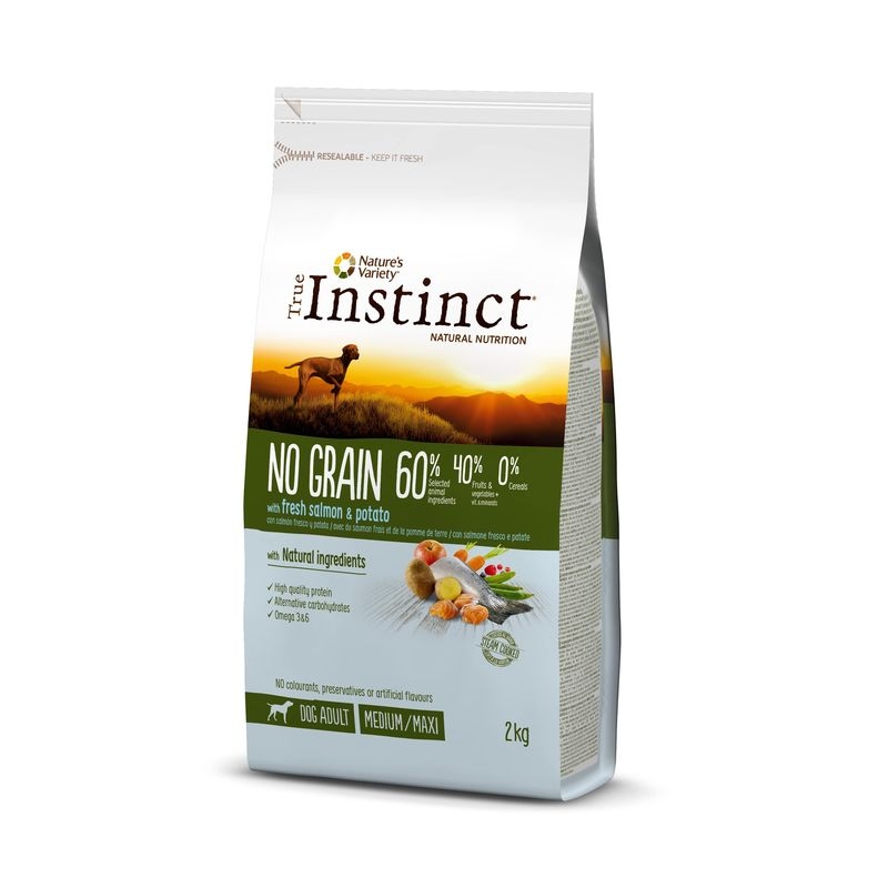 True instinct dog no grain medium - maxi adult cu somon, 2 kg